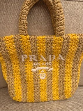Prada Yellow and Tan Striped Crochet Tote
